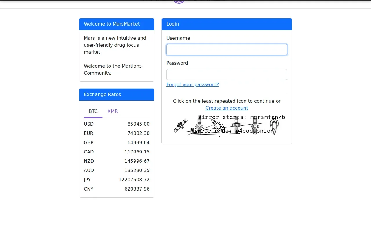 Mars Market homepage with login panel, exchange rates, and community welcome