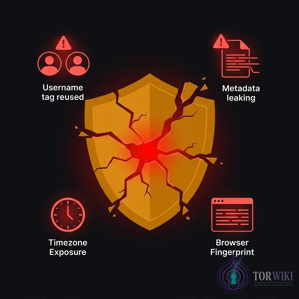 Common OPSEC failures &mdash; username reuse, metadata leaks, time zone exposure