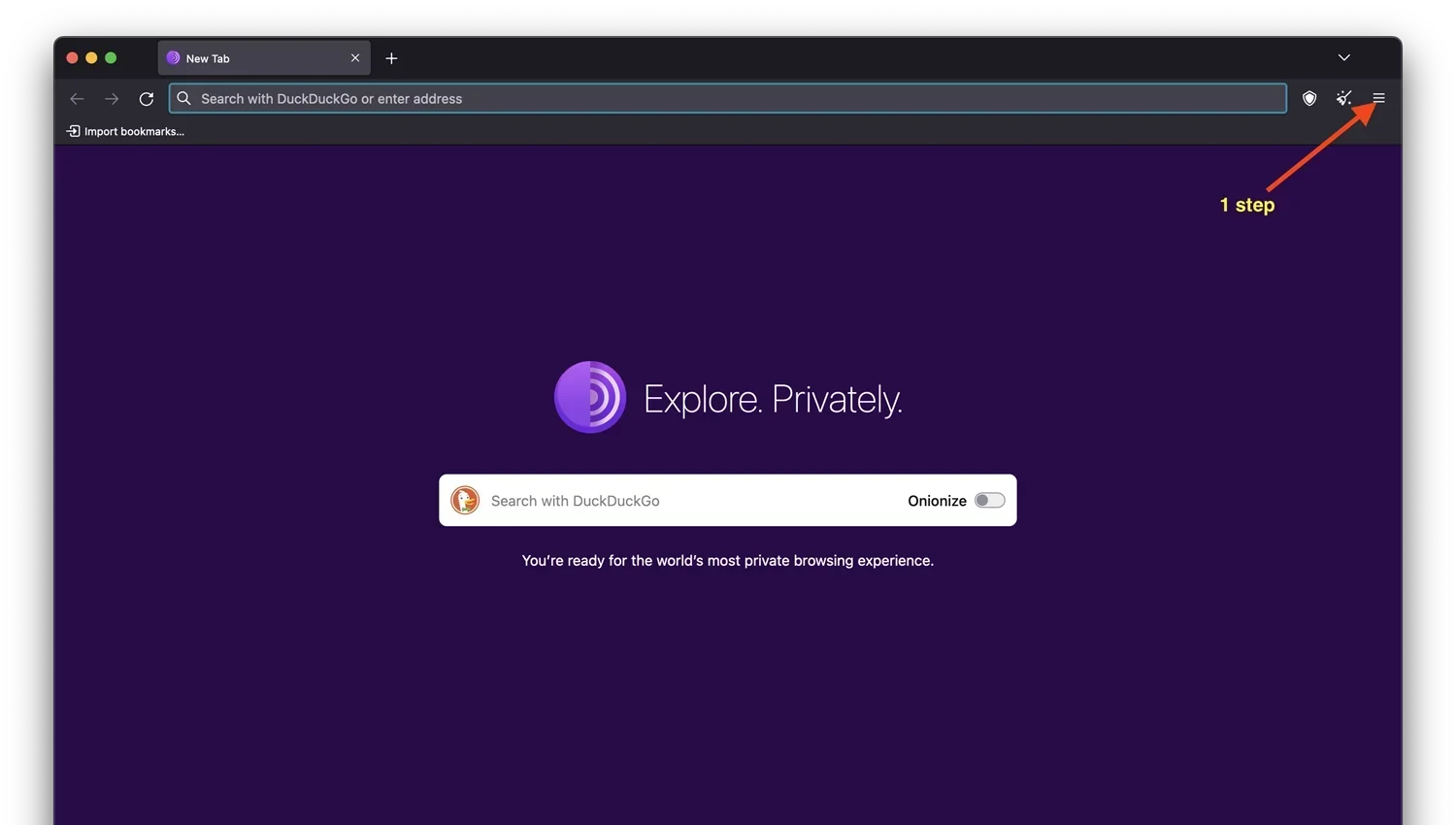 Tor Browser initial setup &mdash; step 1 click settings icon to configure security level