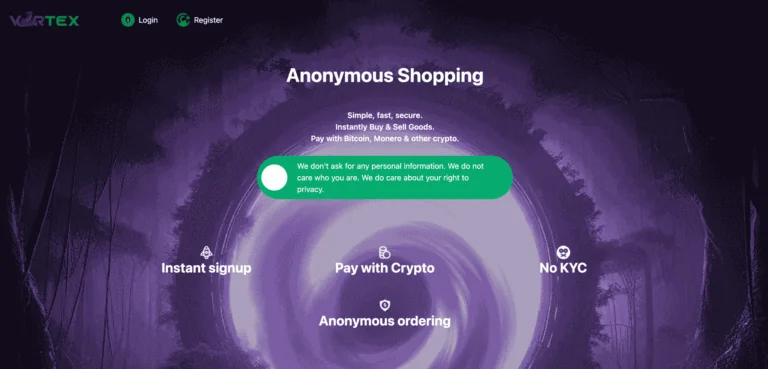 Vortex Market homepage &mdash; anonymous marketplace interface with auto BTC to XMR conversion